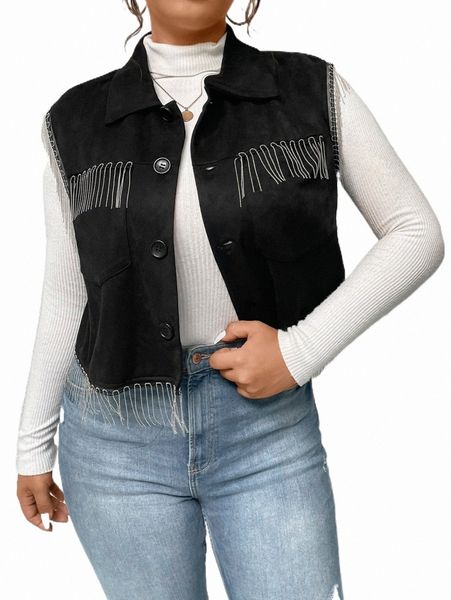 

plus fringe trim vest jacket g9pc#, Black