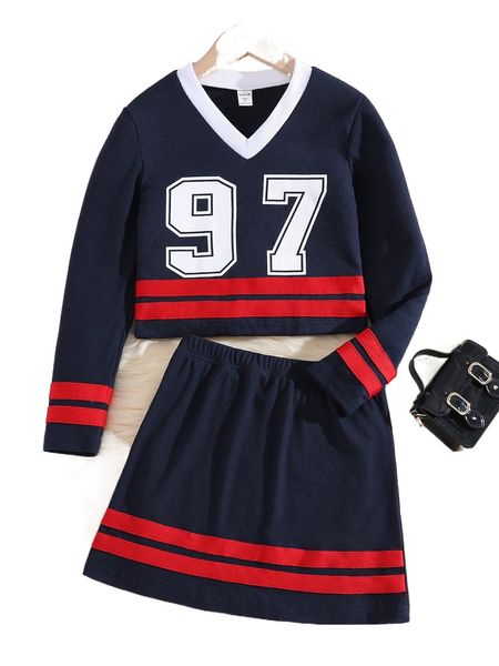 

girls letter graphic contrast trim tee & skirt i6b5#, Black;white