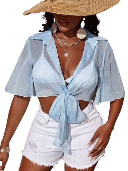 

sxy tie front sheer solid crop blouse b4zu#, White