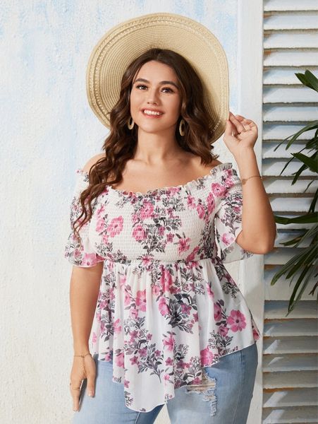 

plus floral print off shoulder shirred frill trim peplum chiffon blouse l8rw#, Black