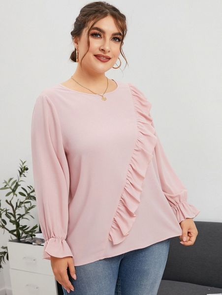 

plus ruffle trim flounce sleeve blouse r9o0#, Black