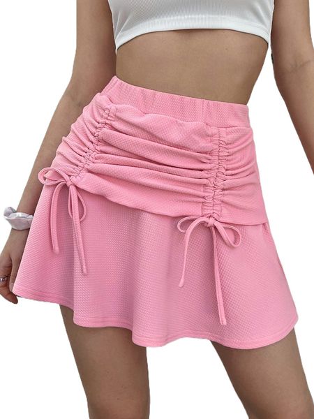 

solid drawstring ruched skirt x8ki#, Black