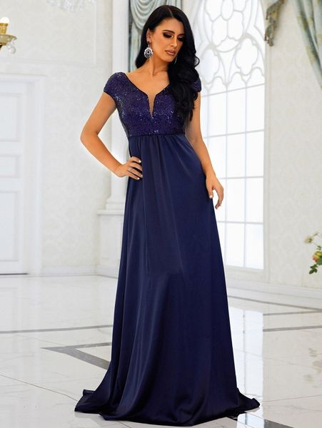 

missord contrast sequin notched neck v-back floor length dress 60in#, Black;gray