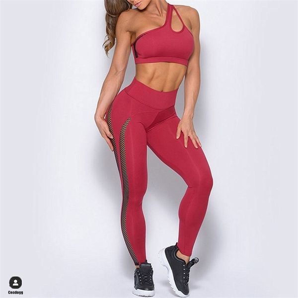 

astmmetrical running sport suits women yoga sets shockproof one-shoulder bra seamless leggings gym sportswear fitness sports set 220317, Gray