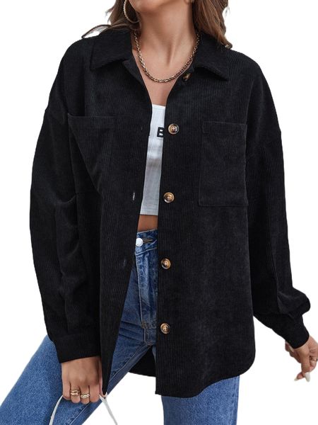 

patched pocket drop shoulder corduroy coat 33wo#, Black