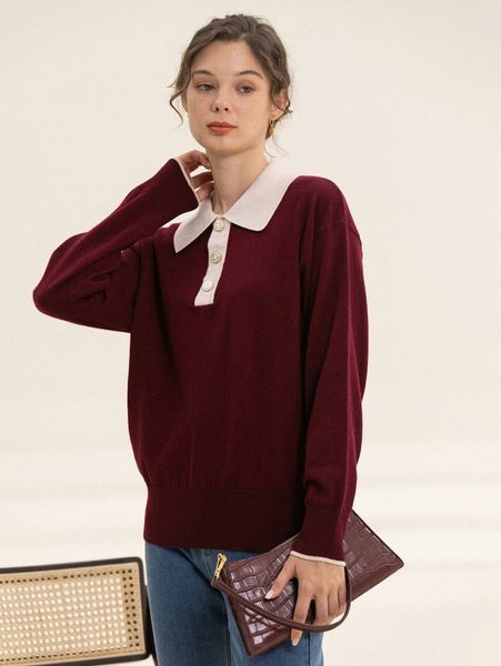

simple retro contrast polo collar sweater u59w#, White;black