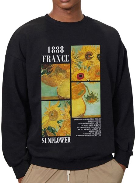 

men slogan & sunflower print drop shoulder sweatshirt g63j#, Black
