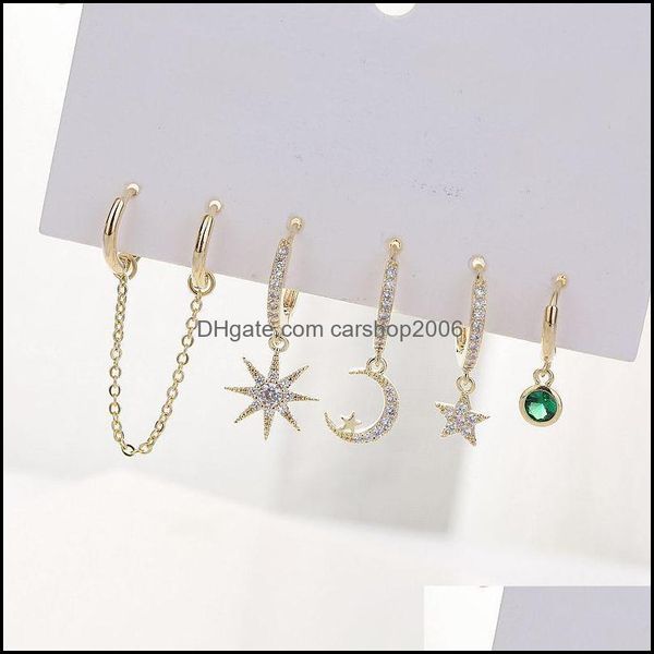 

hoop hie earrings jewelry inlaid with zircon octagonal star moon long chain set natural green gem temperament fashion drop delivery 2021 i, Golden;silver