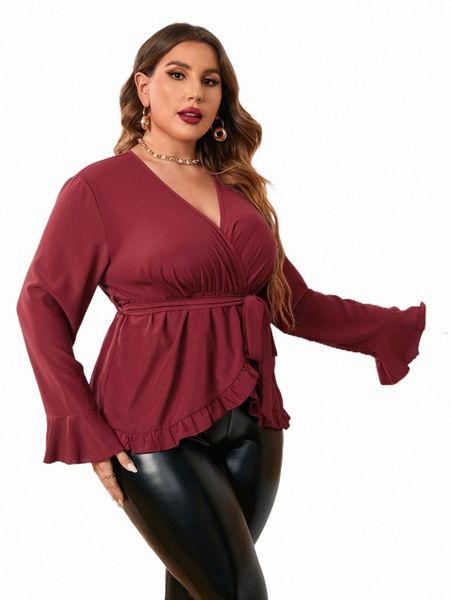 

plus ruffle trim wrap belted blouse k4ee#, Black