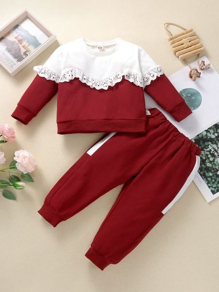 

toddler girls color block contrast eyelet embroidery pullover & sweatpants she, White