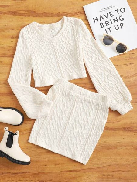 

girls solid cable knit & skirt set she, White