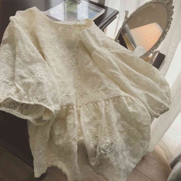 

women's blouses shirts 2022 crochet embroidery chiffon shirt women 2022 summer short sleeve loose sweet aging bubble 7q32, White