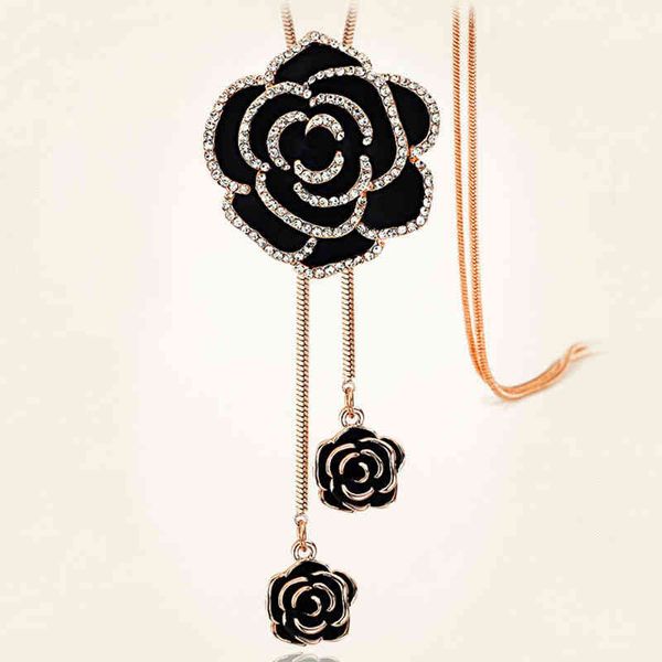 

luxury camellia long sweater chain necklace female retro flower clothing accsori for women, Silver