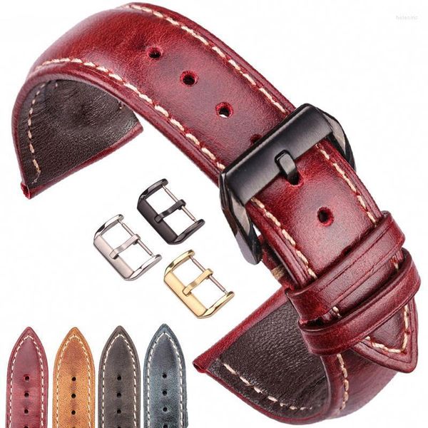 İzle Bantlar Yağlı Balmumu Orijinal Deri Strap Band Kadın Erkekler Cowhide Watch Bandı 18 20 22 24mm Saat Bileklik Mavi Kırmızı Sarı Yeşil Beltwatch