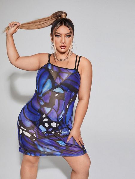 

plus geo print mesh cami dress without lingerie n4r8#, Black