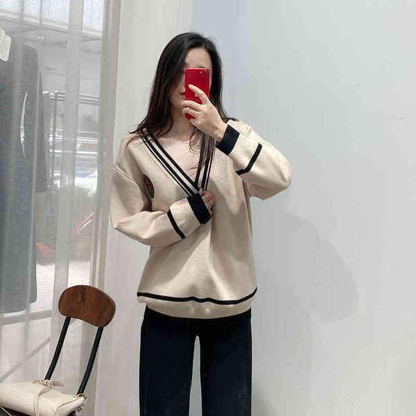 

women's knits & tees fadan s family knitted spring badge college style loose outside with v-neck sweater, White