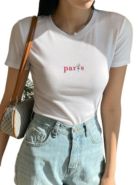

dazy letter and floral embroidery rib-knit tee o9gj#, White