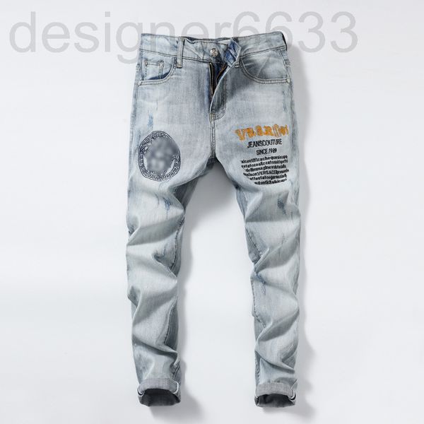 

men's jeans designer summer thin light grey embroidery simple slim fit elastic small straight pants xpcw, Blue