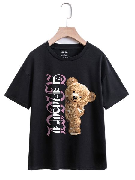 

letter & bear print drop shoulder tee r6dv#, White
