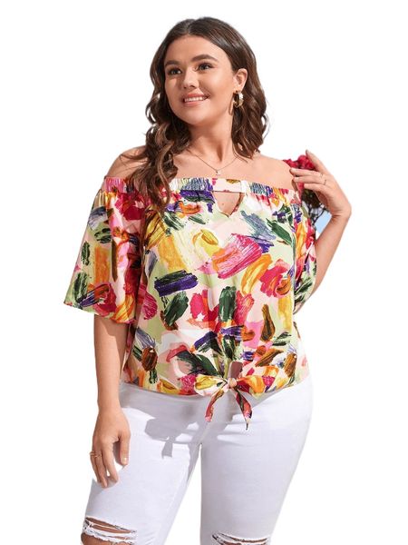 

plus brush print off shoulder cut out knot hem blouse x6ma#, Black