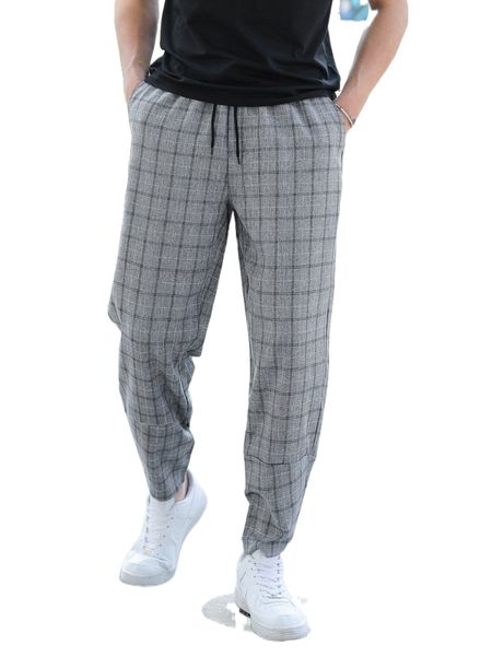 

men plaid drawstring waist pants m3cd#, Black