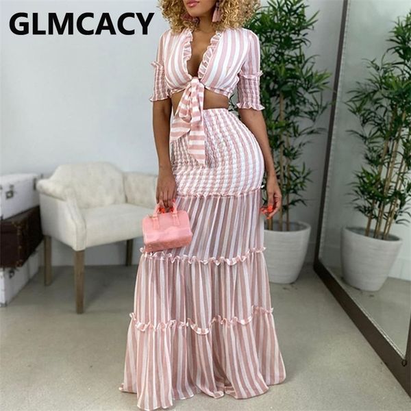 

women stripes two piece dress sets suits short sleeve tie front and long maxi skirt set 220505, White