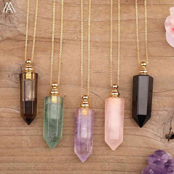 

classic women amethysts quartz green fluorite stone prism point perfume bottle pendant gold chains necklace jewelry wholesales, Silver