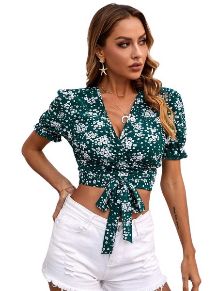 

floral print wrap blouse v2sx#, White