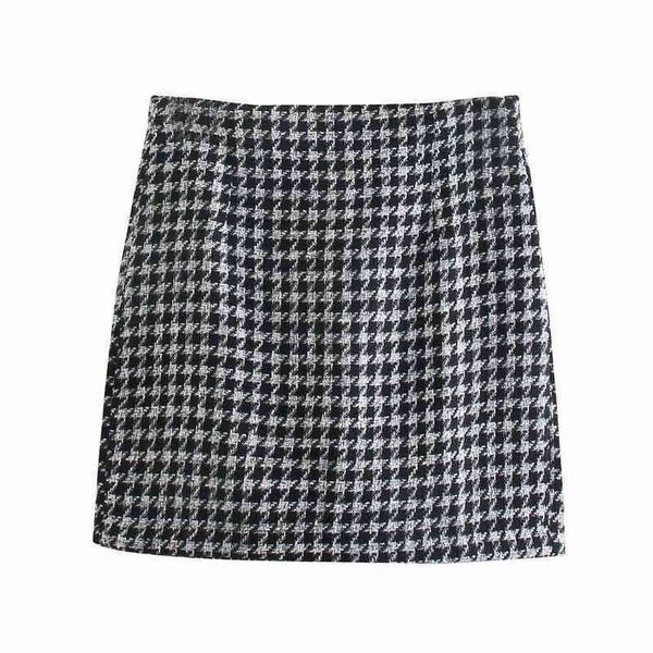 

xnwmnz za skirt plaid summer woman high waist stylish retro s office girls flared mini women invisible zip 210513, Black