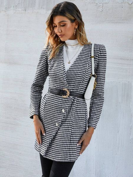 

houndstooth single breasted wool-mix blazer without belt x6oz#, White