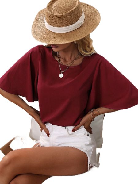 

solid butterfly sleeve blouse x5et#, White