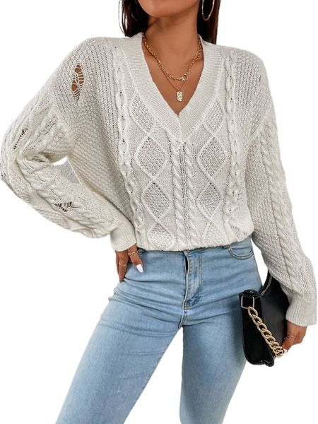 

ripped cable knit distressed drop shoulder sweater f0ox#, White;black