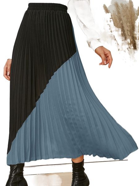 

color block pleated elastic waist skirt g6ss#, Black