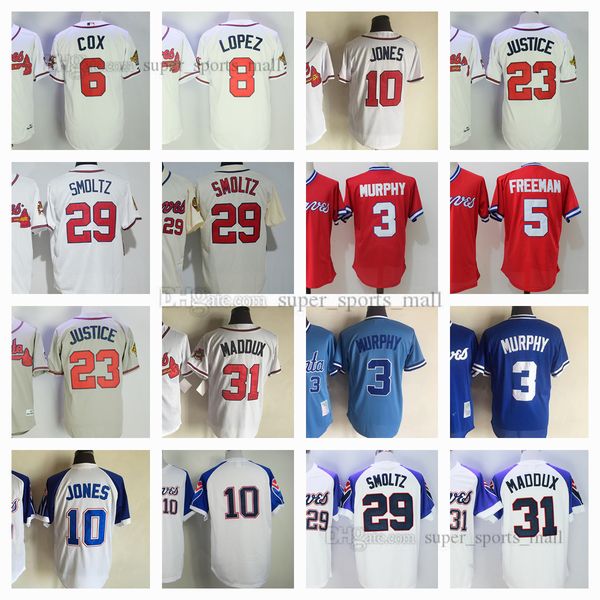 

vintage baseball jersey 10 chipper jones 3 dale murphy 5 freddie an 6 bobby cox 8 javy lopez 23 david justice 29 smoltz 31 maddux 35 niekro, Blue;black