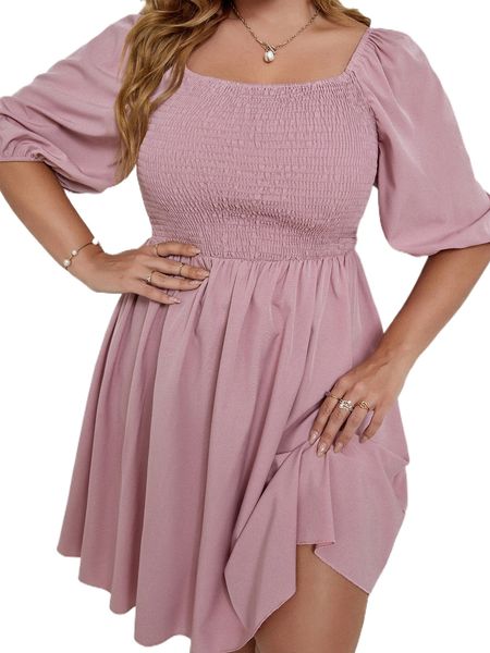 

plus shirred square neck dress s0ur#, Black