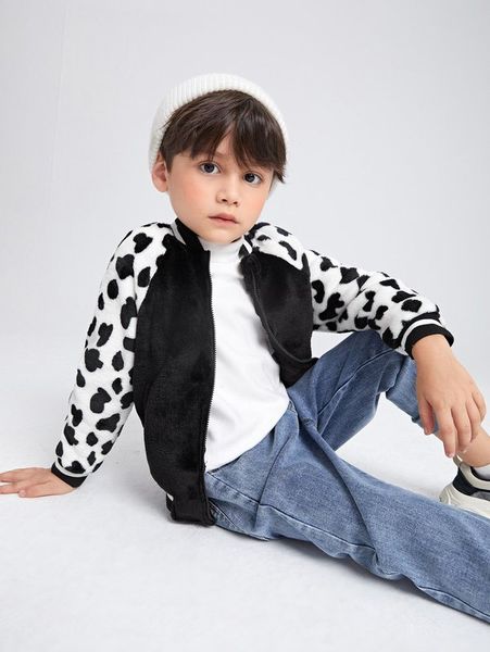 

toddler boys cow print raglan sleeve teddy bomber jacket she, Blue;gray