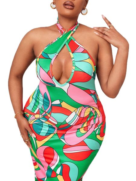 

sxy plus allover print cross wrap tie backless dress y6hm#, Black
