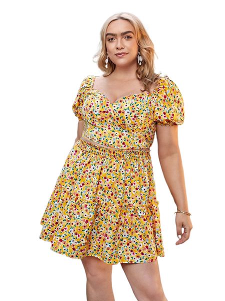 

plus ditsy floral print puff sleeve & frill trim skirt y81n#, Black