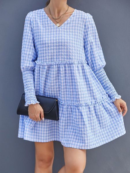 

gingham print v neck frill trim shirred dress 71tf#, Black;gray