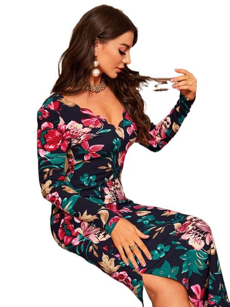 

floral print scallop trim split hem dress z1io#, Black;gray