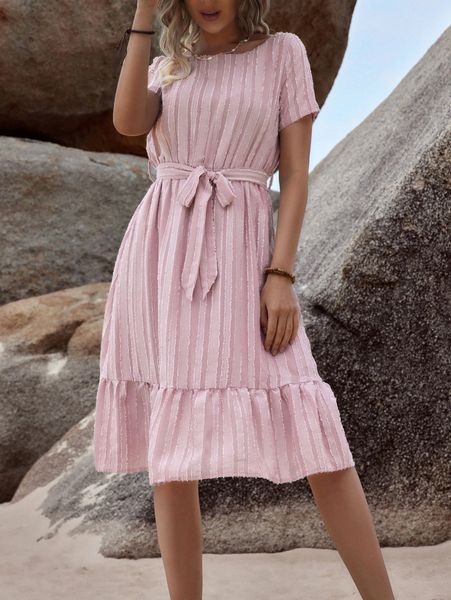 

scoop neck ruffle hem belted dress t9tw#, Black;gray