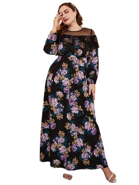 

plus random floral print dobby mesh insert ruffle trim maxi dress u44d#, Black