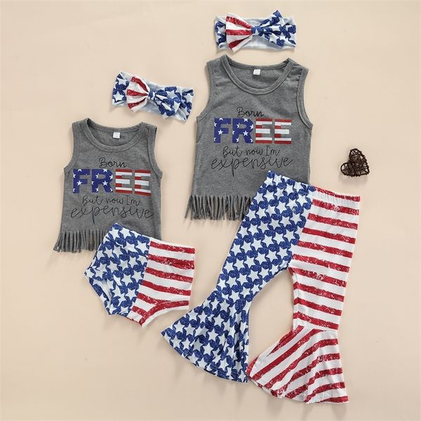 FocusNorm Independence Day Girls Girls 3pcs Roupas Conjuntos de roupas Letter estrela estampada com tassel com borla sem mangas