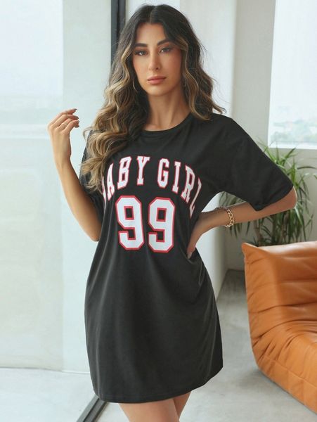 

letter graphic drop shoulder night dress 08fw#, Black;red