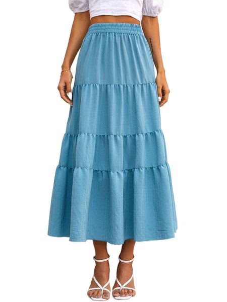 

elastic waist solid ruffle hem skirt u5px#, Black