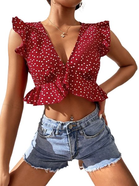 

petite allover heart print ruffle hem g2o8#, White