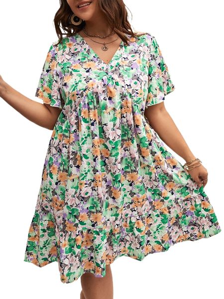 

plus allover floral print ruffle hem dress m9ig#, Black