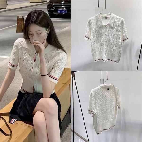 

71% off 2022 trendy men's and clothing 2022 new tb summer lapel wool thread sweater women's sleeve t-shirt short ins design top, White