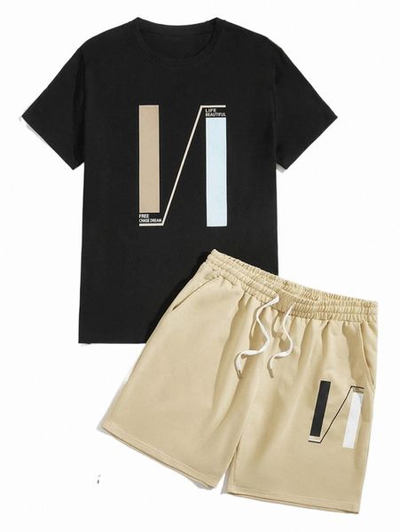 

men letter graphic tee & drawstring waist shorts e4hn#, Gray