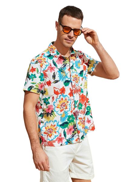 

men allover floral print button up shirt e2gj#, White;black